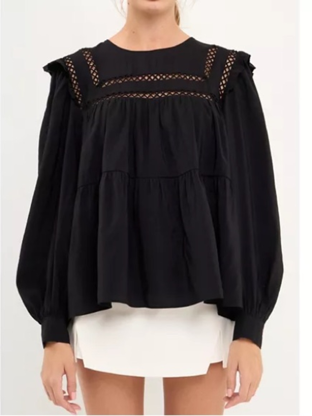 🆕 NWT English Factory Ruffled Lace Insert Blouse, Black, Sz Med